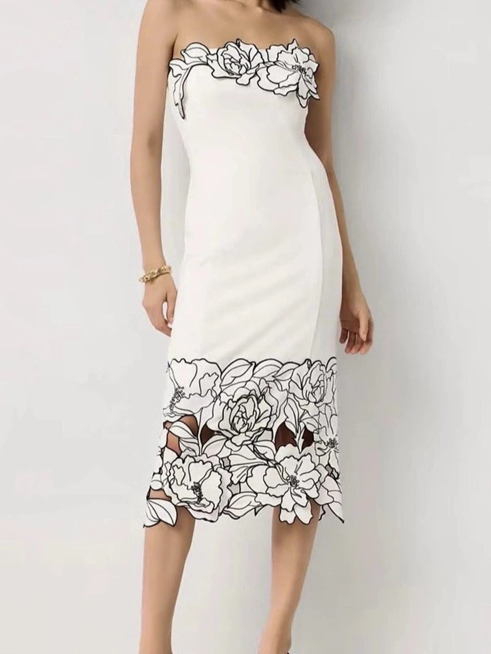 WHBM Strapless Cutwork Floral Midi Dress